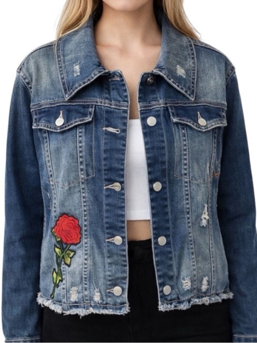 Rose Embroidered Distressed Denim Trucker Jacket Y2K Indie M